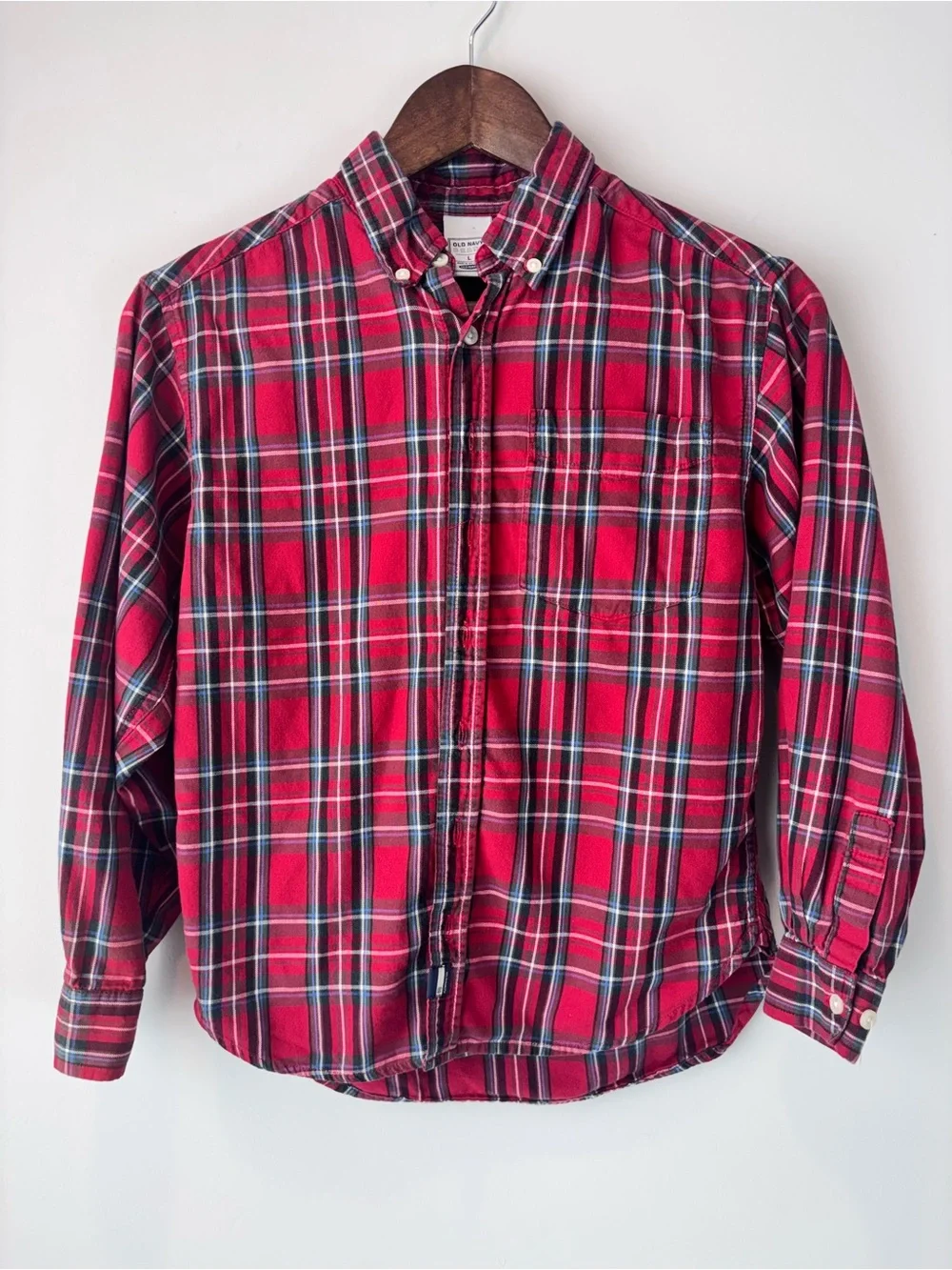 Old Navy Boys Large Red Plaid Flannel Button Down Shirt 100% Cotton